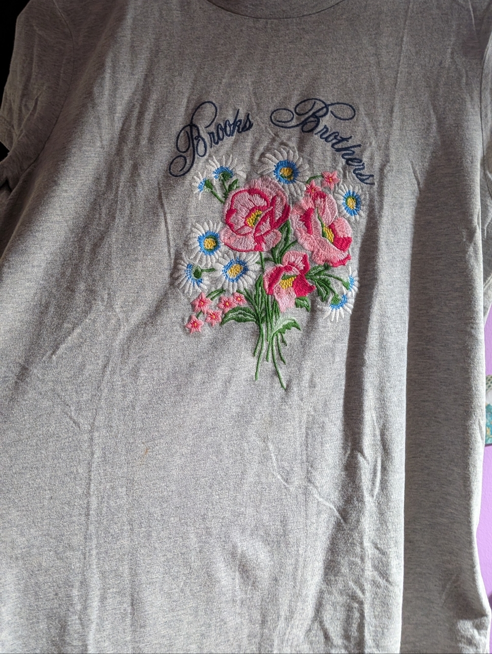 Brooks Brothers Floral Embroidered Tee - Gray with Pink & Blue Flowers